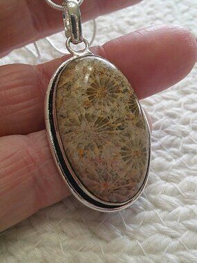 Natural FOSSIL CORAL Handmade Sterling 925 Pendant/Chain #517E